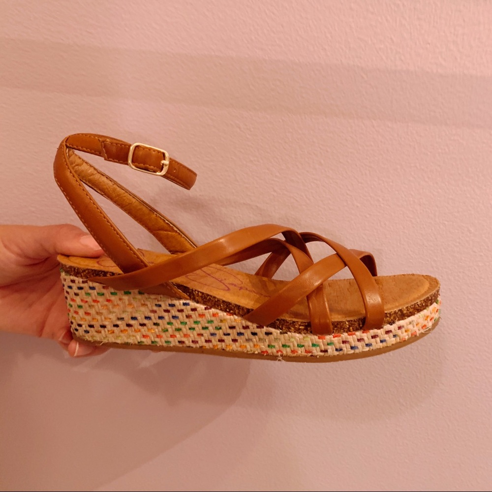 Brown leather wedges with rainbow knitted wedge!